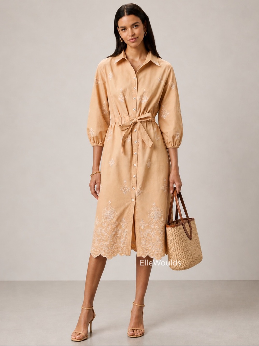 Shoshanna Francoise Embroidered Shirt Dress Tan Belted Midi Cotton Summer Size L